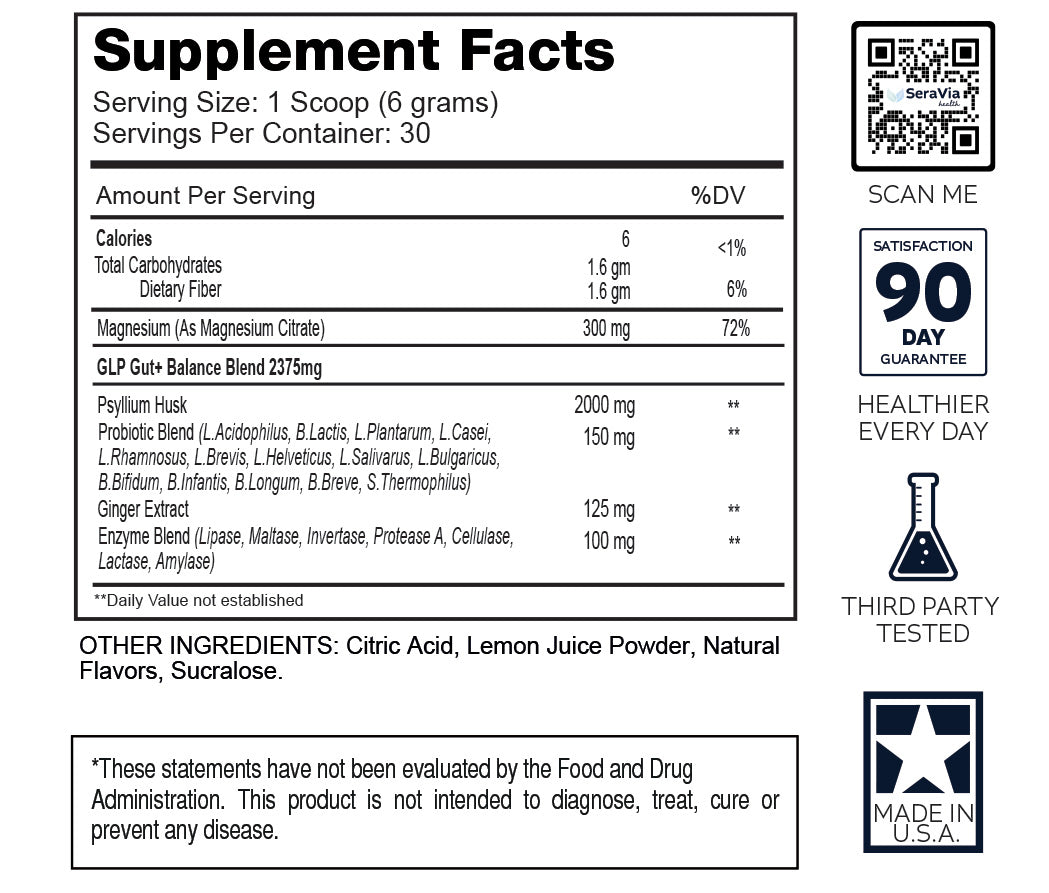 Supplement facts for GLP Gut+ Balance, including ingredients and nutritional information on the label.