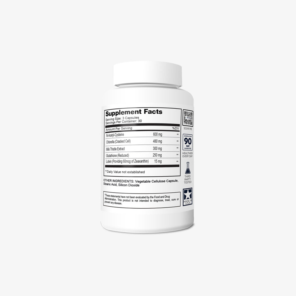GLP Detox+ Shield supplement bottle showing supplement facts and ingredients for detox and liver health.