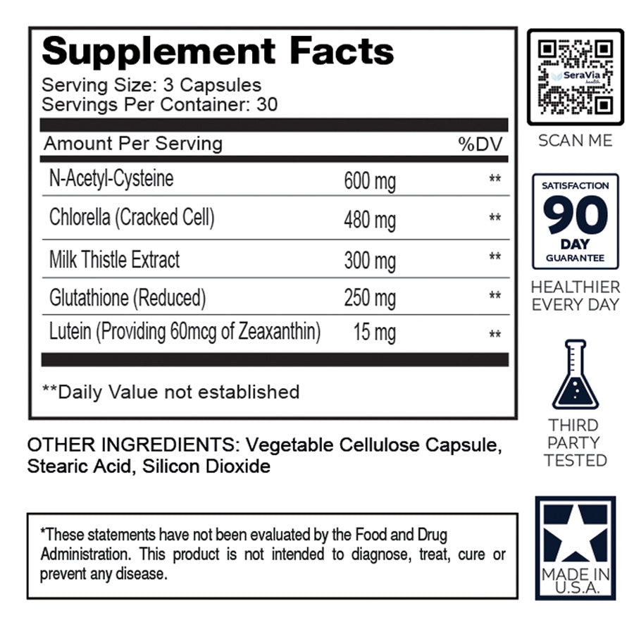 GLP Detox+ Shield Supplement Facts showing N-Acetyl-Cysteine, Chlorella, Milk Thistle, and more ingredients.